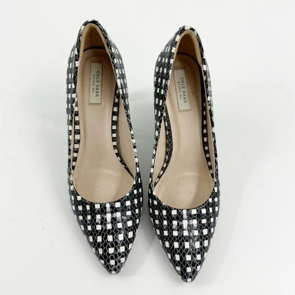 ✅ Cole Haan Grand Os Pumps Stiletto Heels 6B Black White Leather Dress‎ Shoe